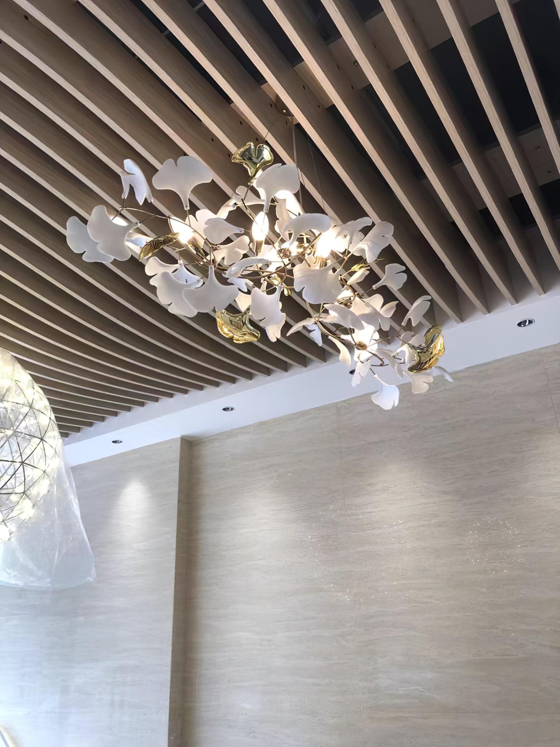 Chandelier White Ceramic Ginkgo Petals Gold