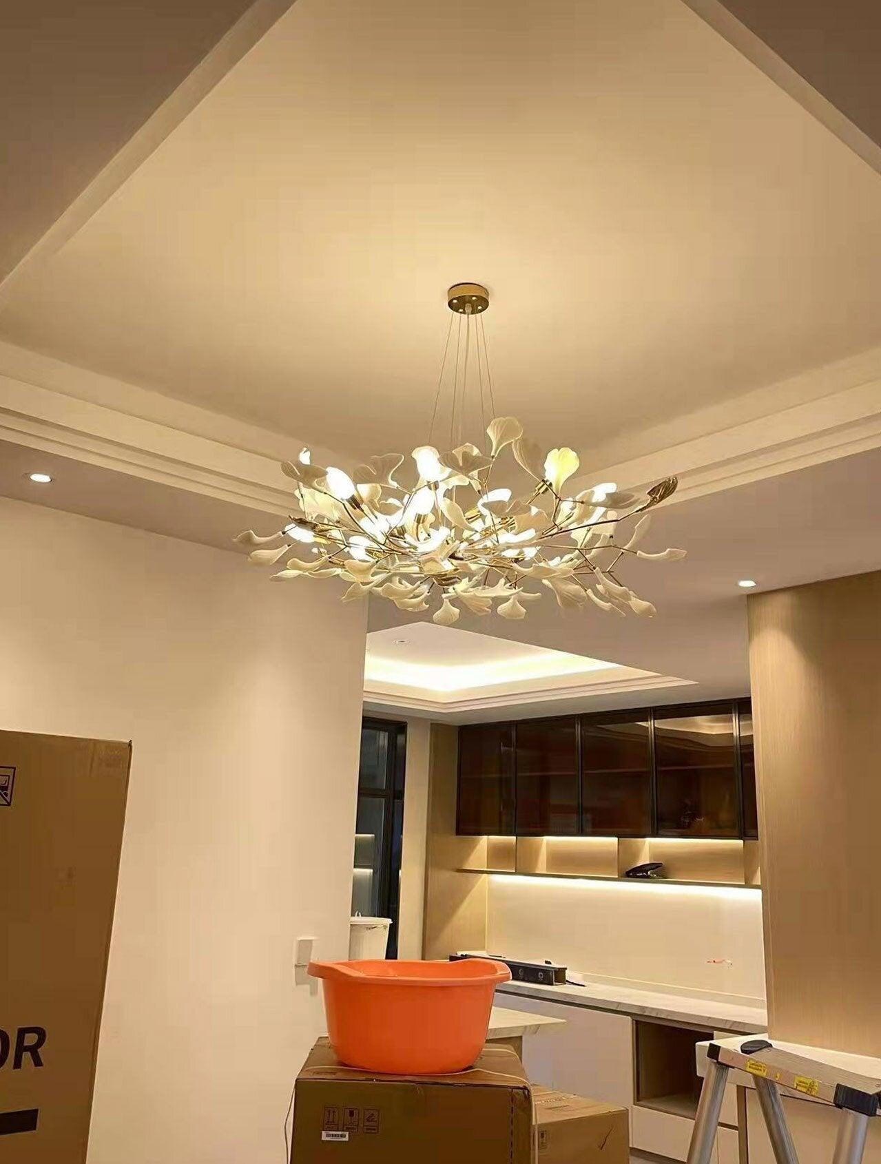 Chandelier White Ceramic Ginkgo Petals Gold