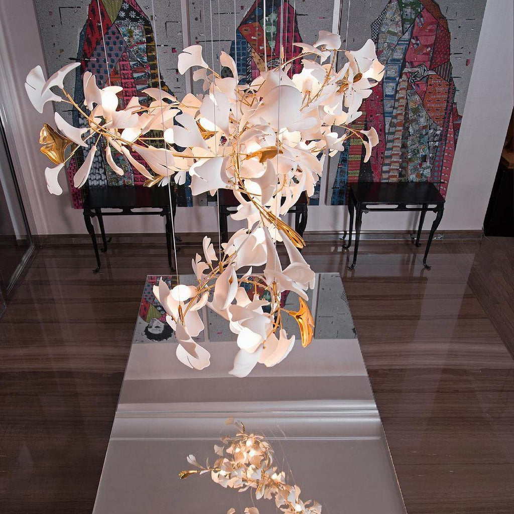 Chandelier White Ceramic Ginkgo Petals Gold