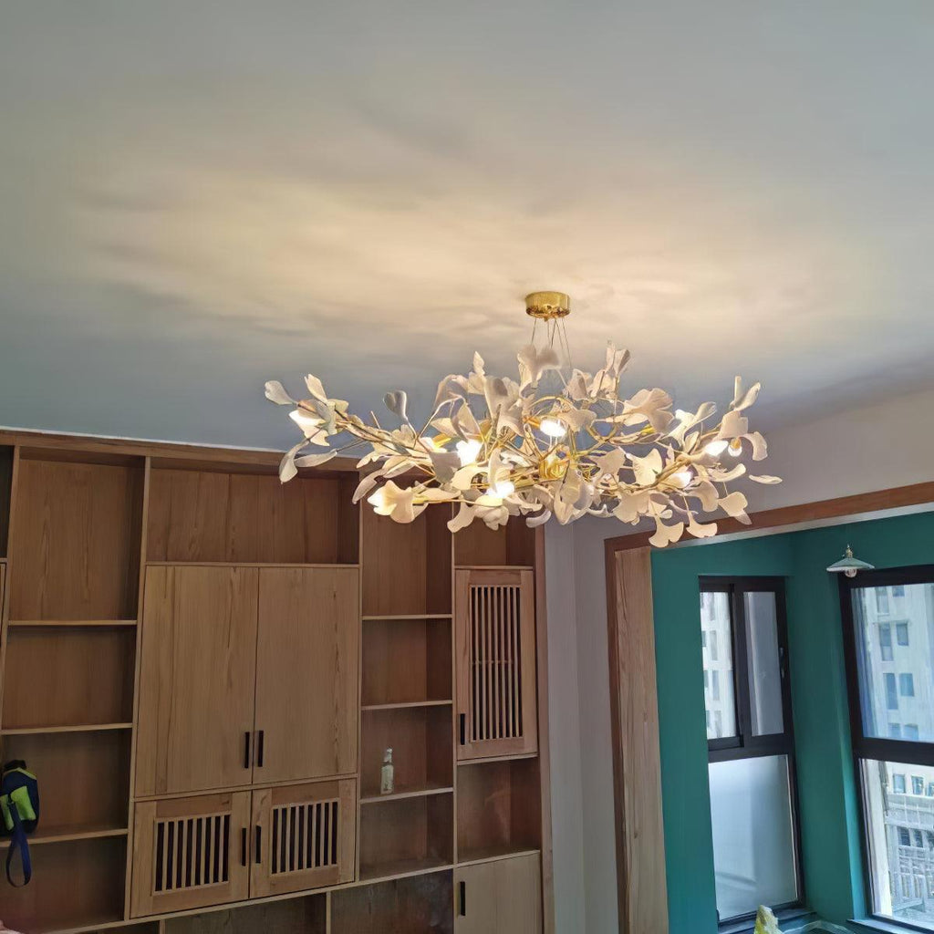 Chandelier White Ceramic Ginkgo Petals Gold