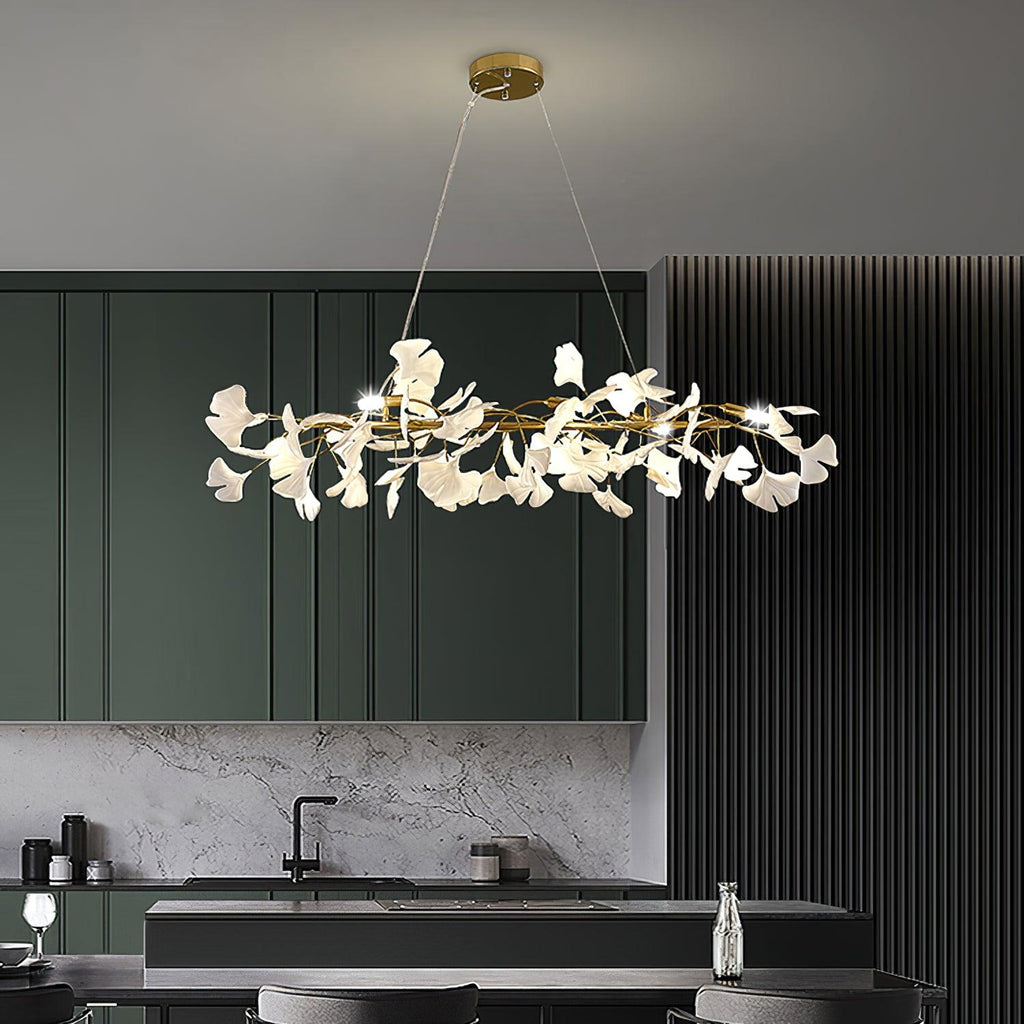 Chandelier Metal Frame Ceramic Gingko White Gold Shade Modern Art