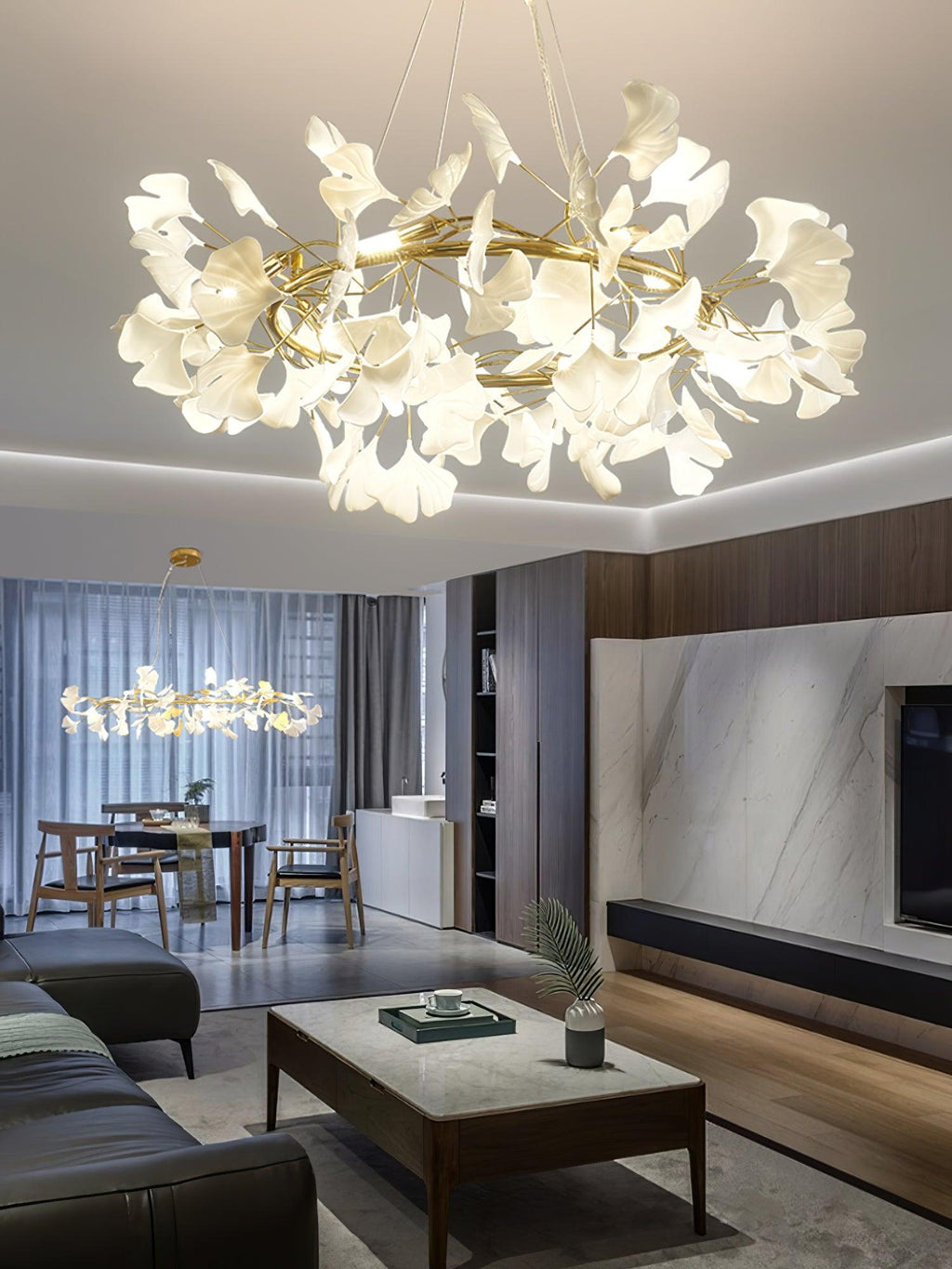 Chandelier Metal Frame Ceramic Gingko White Gold Shade Modern Art