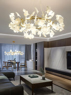 Chandelier Metal Frame Ceramic Gingko White Gold Shade Modern Art