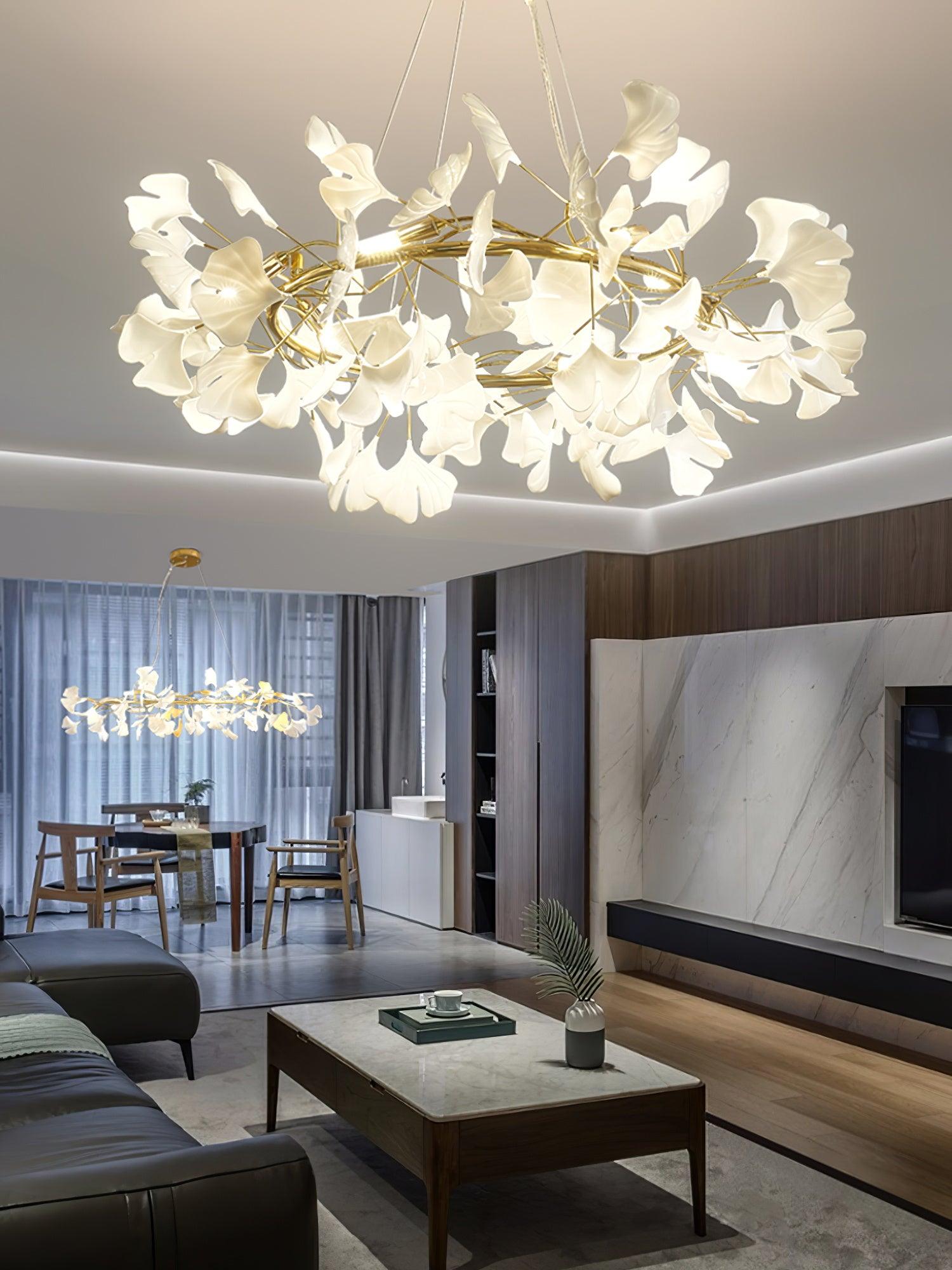 Chandelier Metal Frame Ceramic Gingko White Gold Shade Modern Art