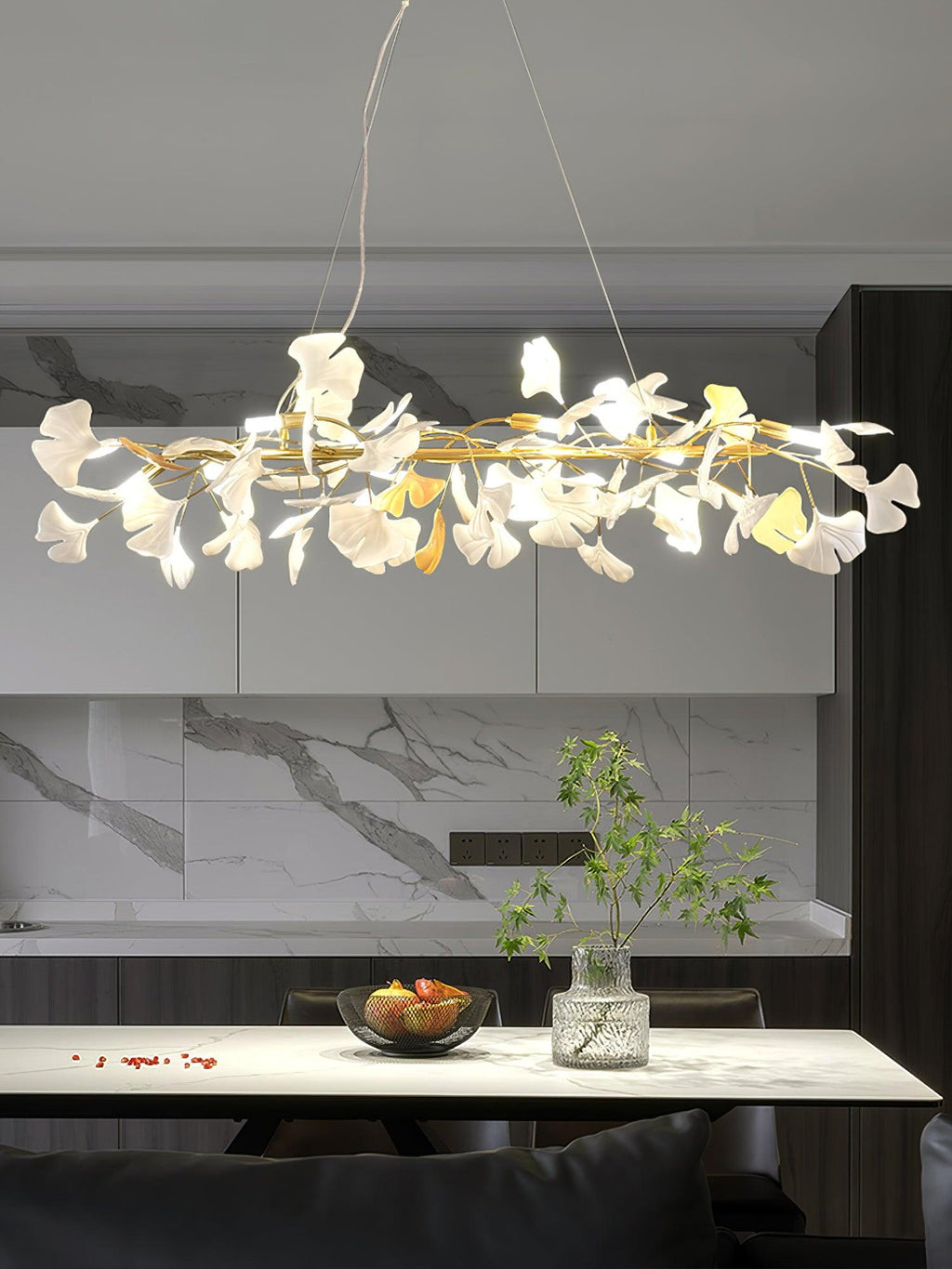 Chandelier Metal Frame Ceramic Gingko White Gold Shade Modern Art