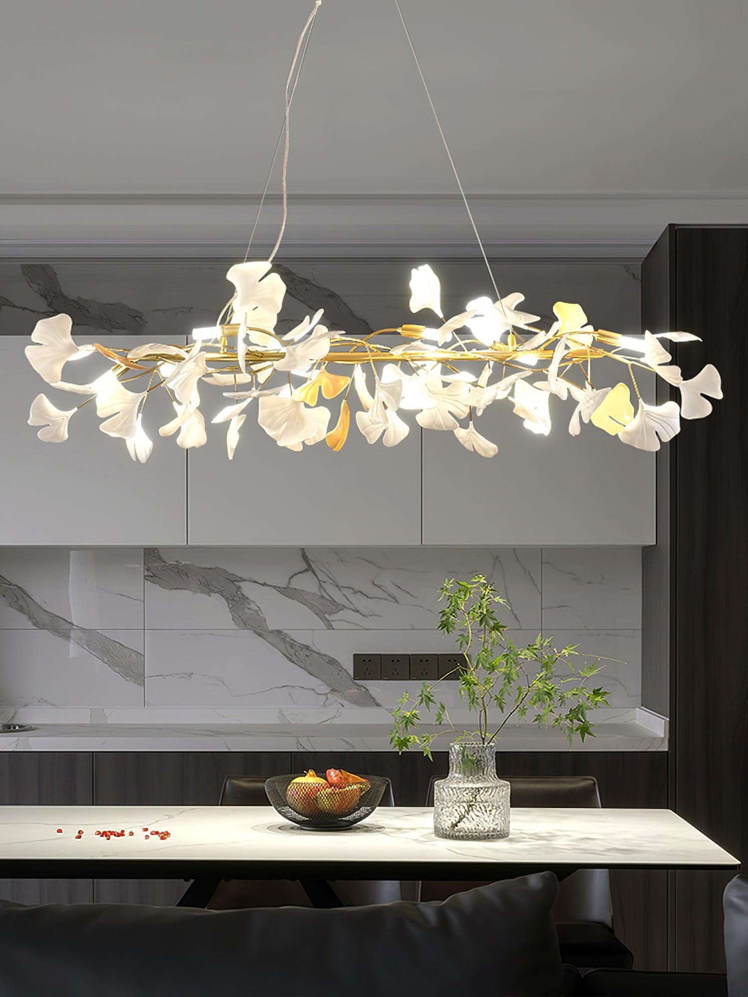 Chandelier Metal Frame Ceramic Gingko White Gold Shade Modern Art