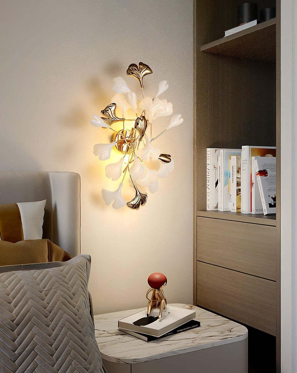 Wall Lamp Gingko Ceramic Petal Shades Gold Art Nouveau