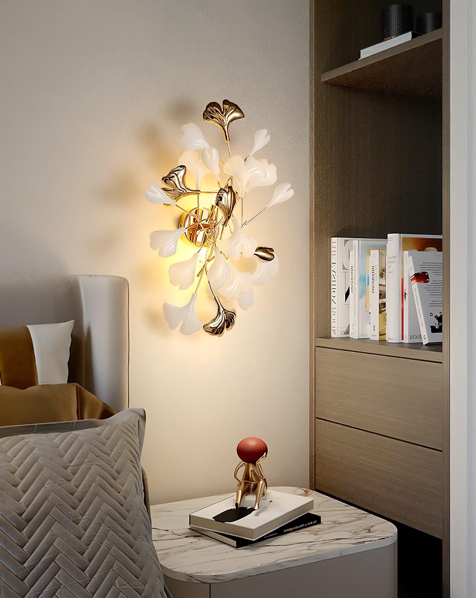 Wall Lamp Gingko Ceramic Petal Shades Gold Art Nouveau