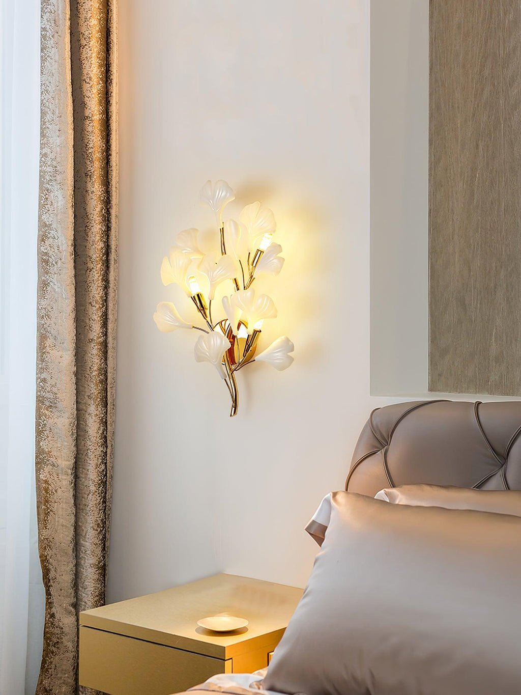 Wall Lamp Gingko Ceramic Petal Shades Gold Art Nouveau
