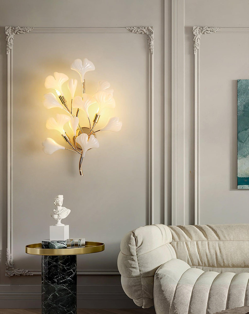 Wall Lamp Gingko Ceramic Petal Shades Gold Art Nouveau