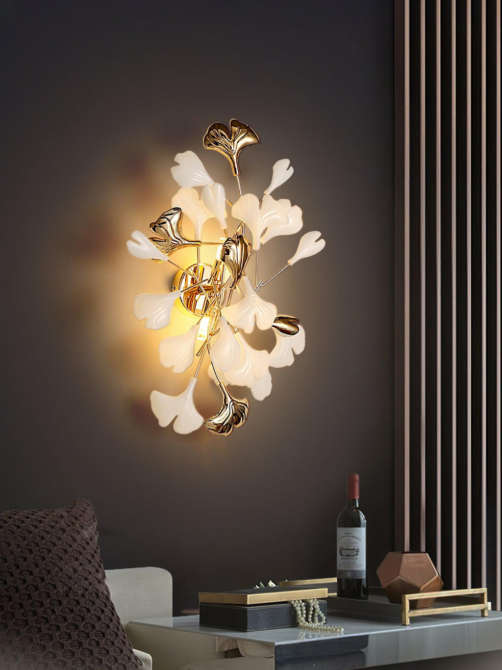 Wall Lamp Gingko Ceramic Petal Shades Gold Art Nouveau