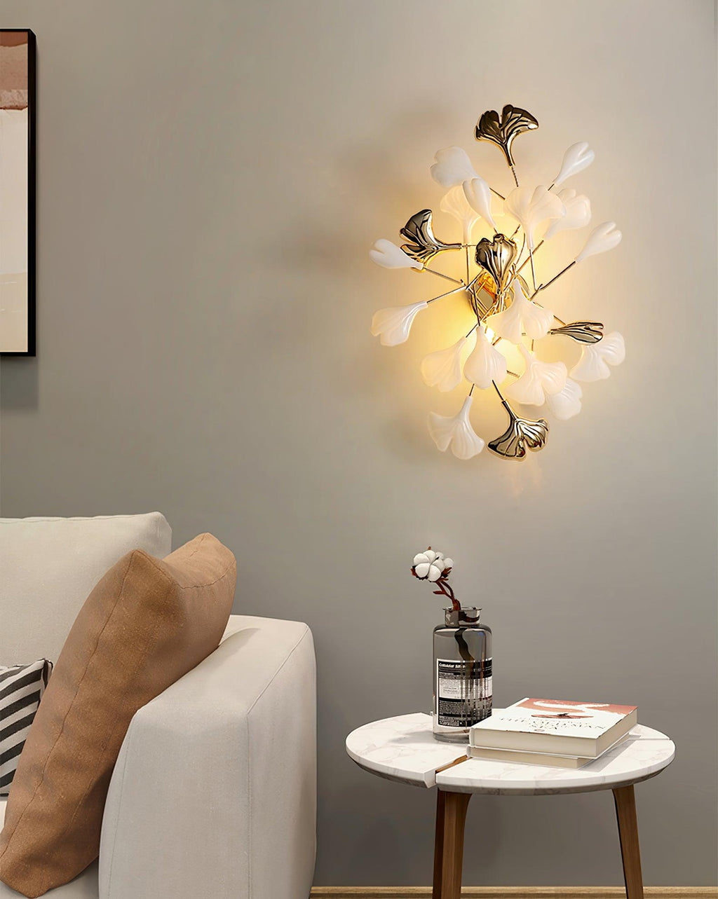 Wall Lamp Gingko Ceramic Petal Shades Gold Art Nouveau