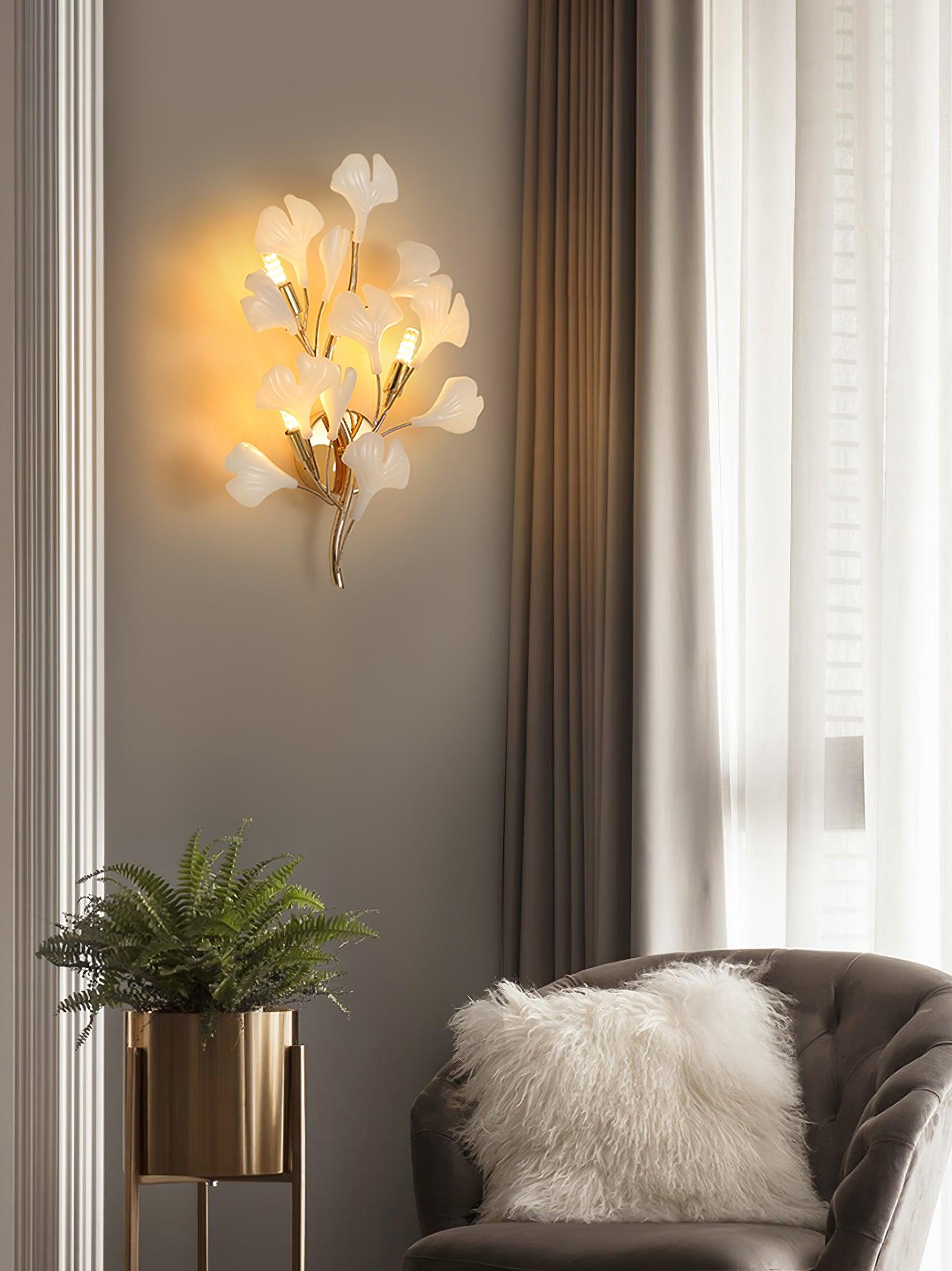 Wall Lamp Gingko Ceramic Petal Shades Gold Art Nouveau