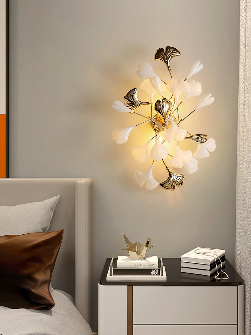 Wall Lamp Gingko Ceramic Petal Shades Gold Art Nouveau
