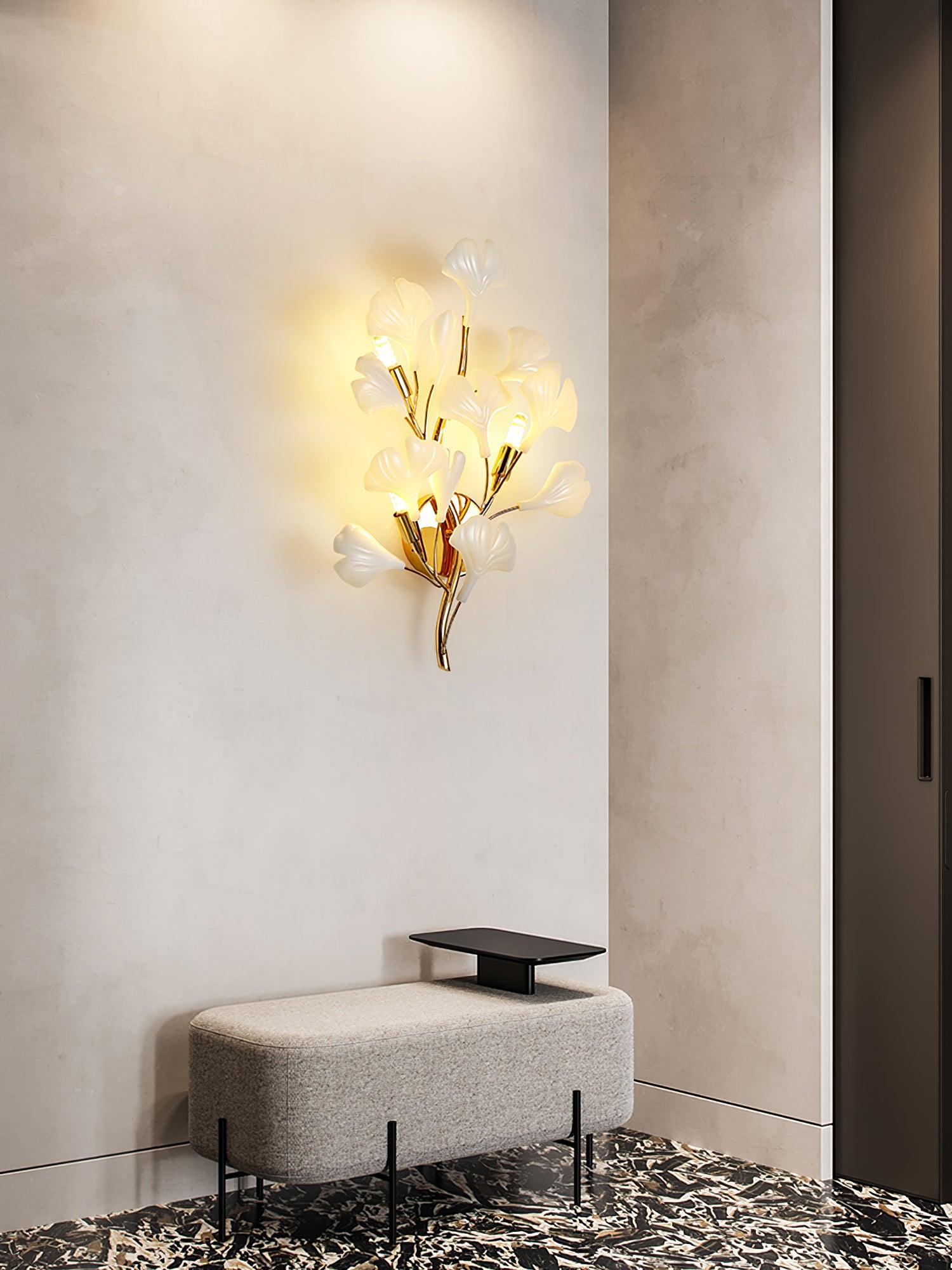 Wall Lamp Gingko Ceramic Petal Shades Gold Art Nouveau