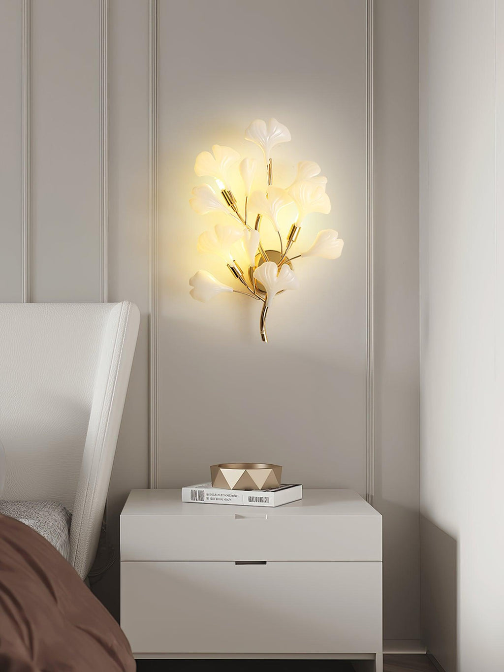 Wall Lamp Gingko Ceramic Petal Shades Gold Art Nouveau