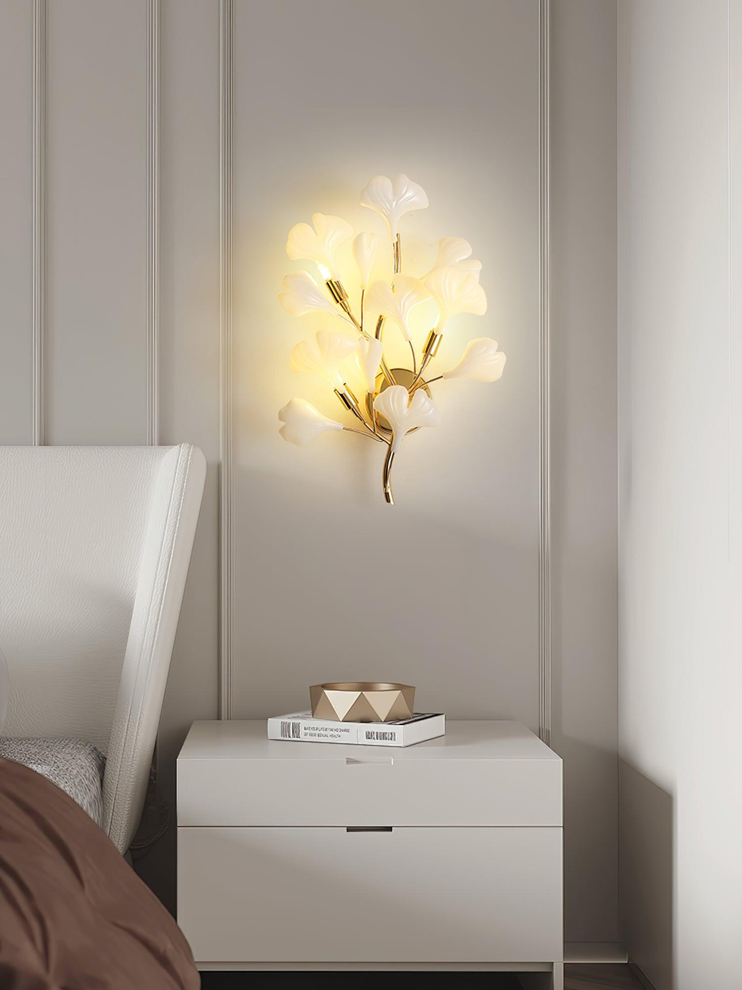 Wall Lamp Gingko Ceramic Petal Shades Gold Art Nouveau