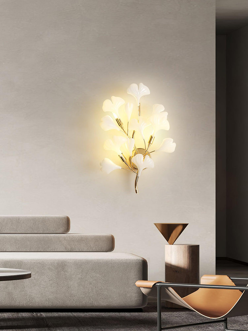 Wall Lamp Gingko Ceramic Petal Shades Gold Art Nouveau