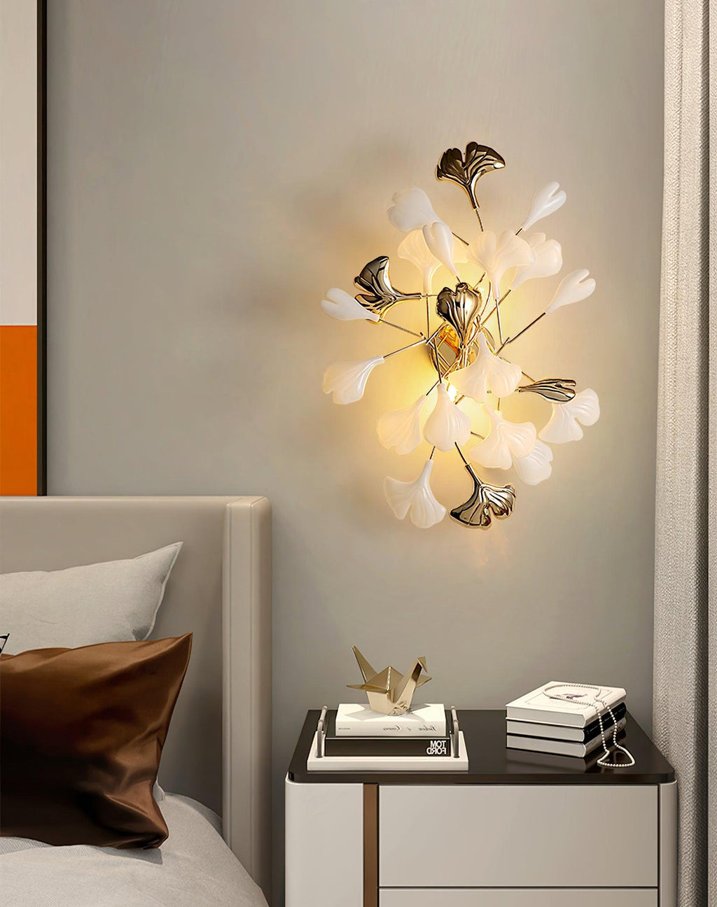 Wall Lamp Gingko Ceramic Petal Shades Gold Art Nouveau