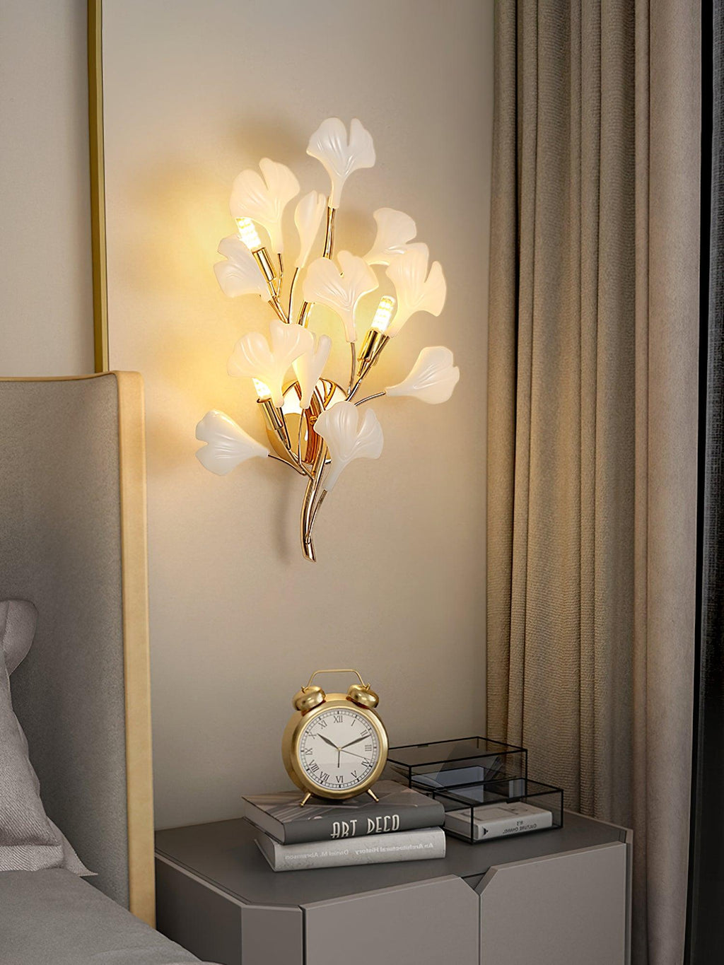 Wall Lamp Gingko Ceramic Petal Shades Gold Art Nouveau