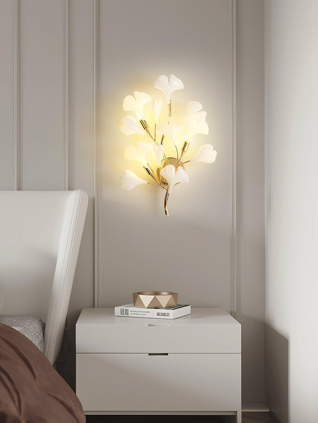 Wall Lamp Gingko Ceramic Petal Shades Gold Art Nouveau