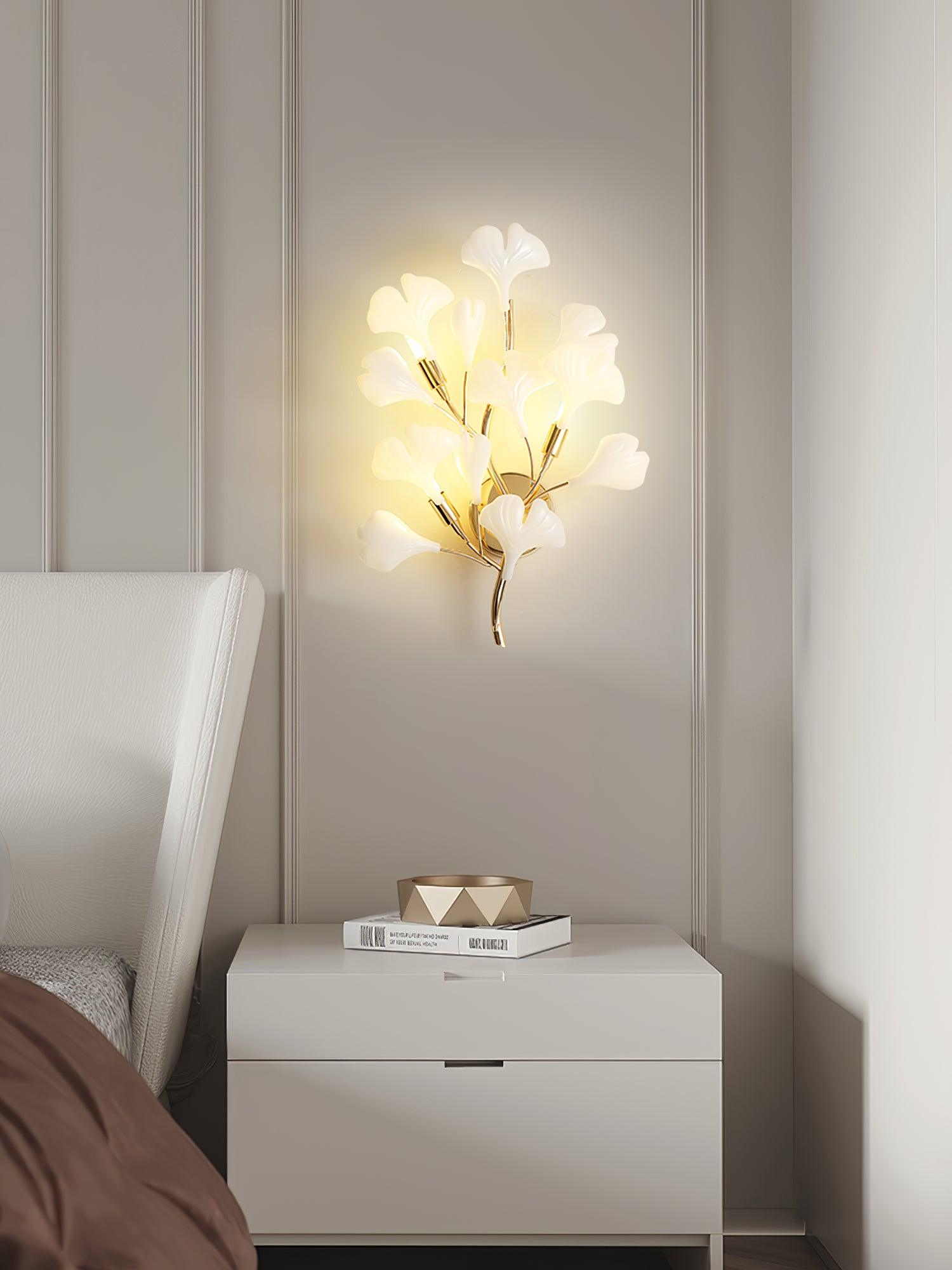 Wall Lamp Gingko Ceramic Petal Shades Gold Art Nouveau