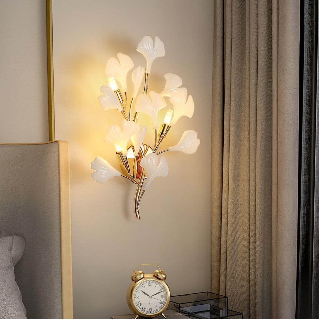 Wall Lamp Gingko Ceramic Petal Shades Gold Art Nouveau
