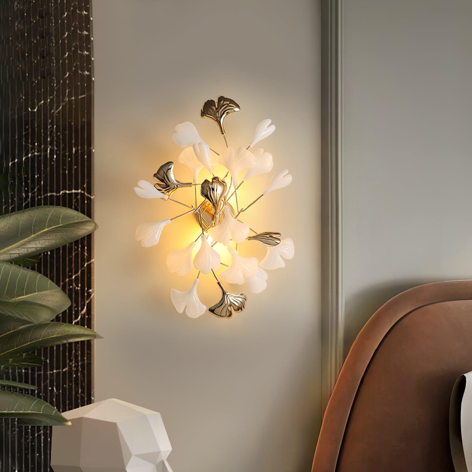 Wall Lamp Gingko Ceramic Petal Shades Gold Art Nouveau