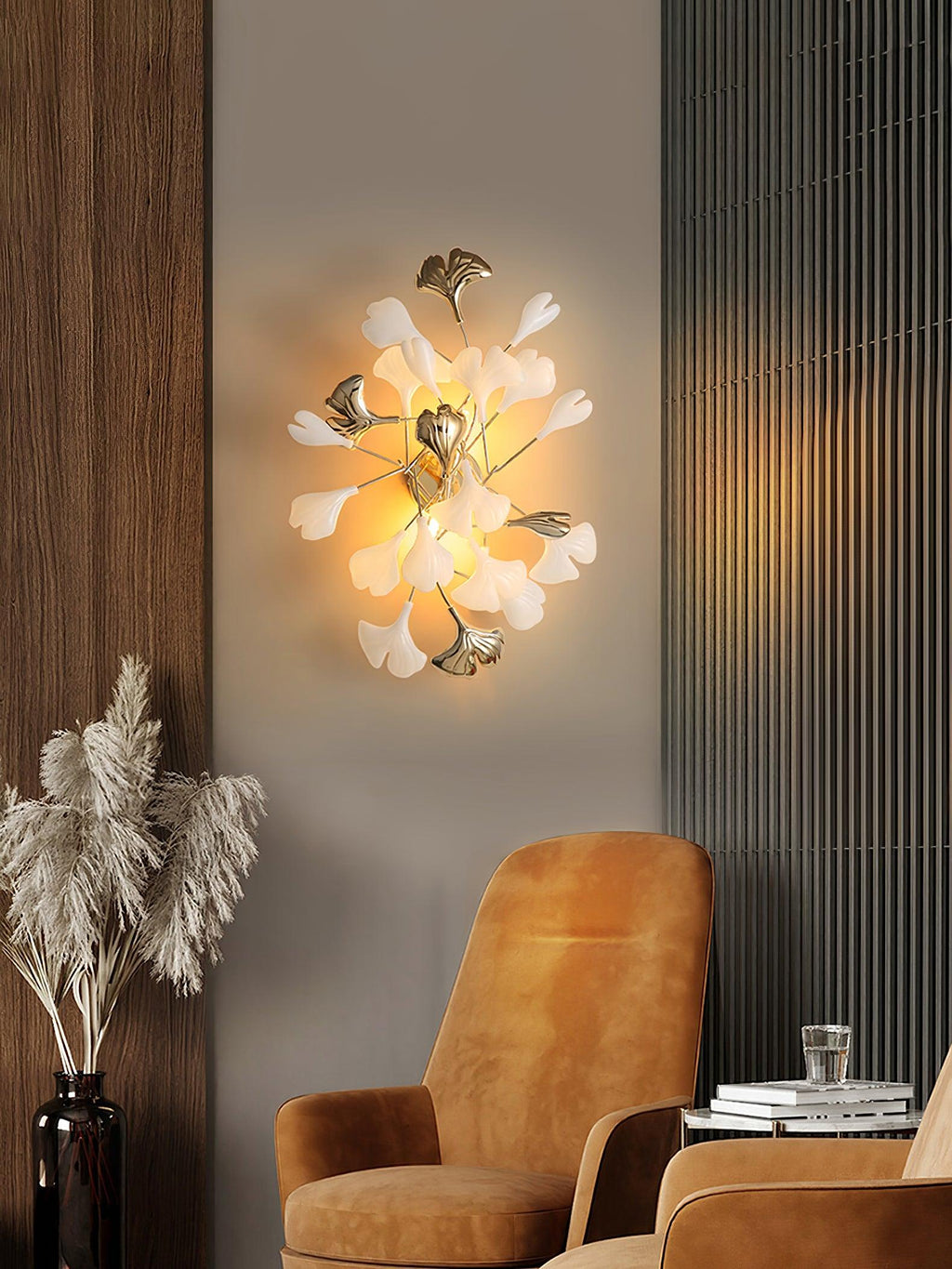 Wall Lamp Gingko Ceramic Petal Shades Gold Art Nouveau