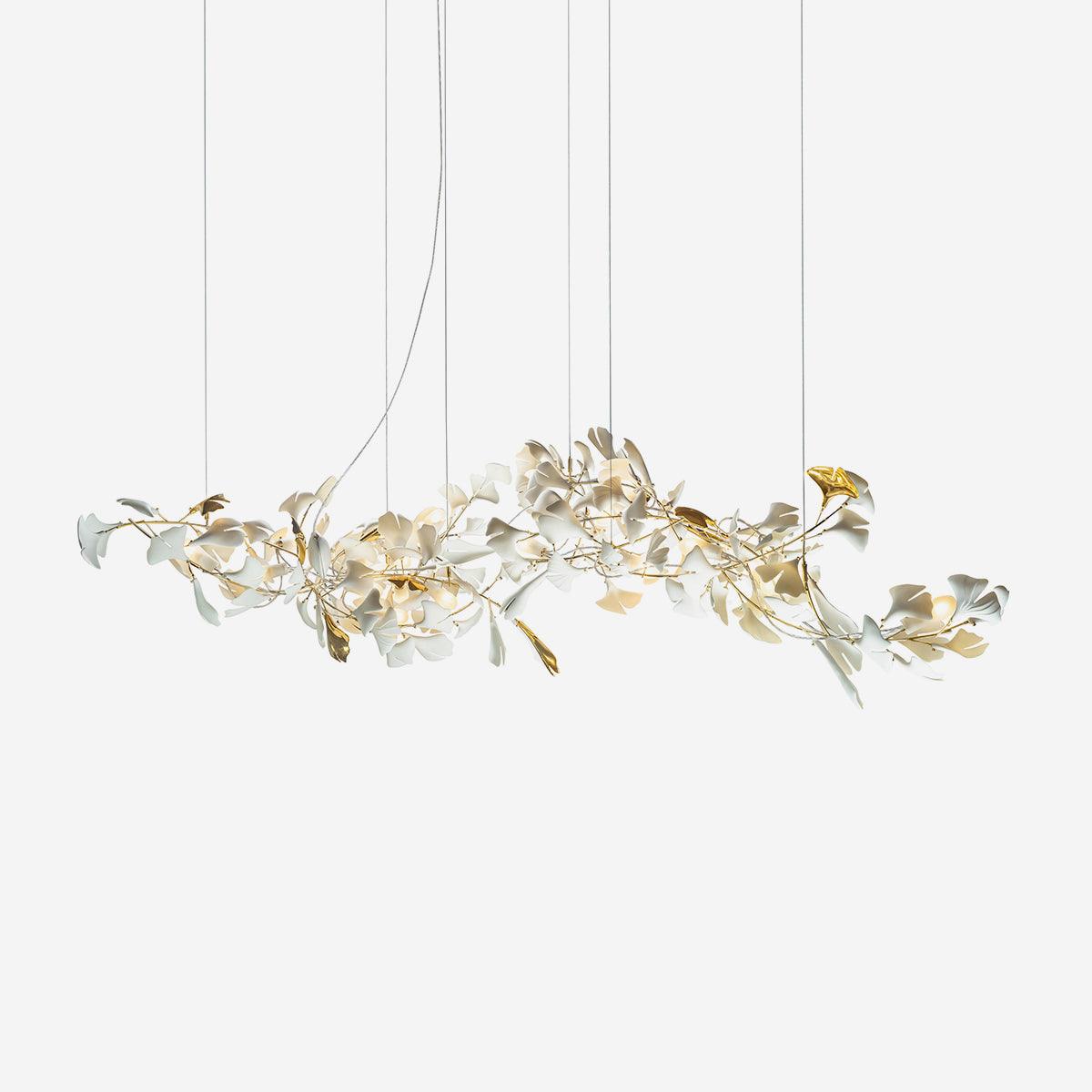 Chandelier Metal Frame Ceramic Gingko Leaf Shade White Gold Modern