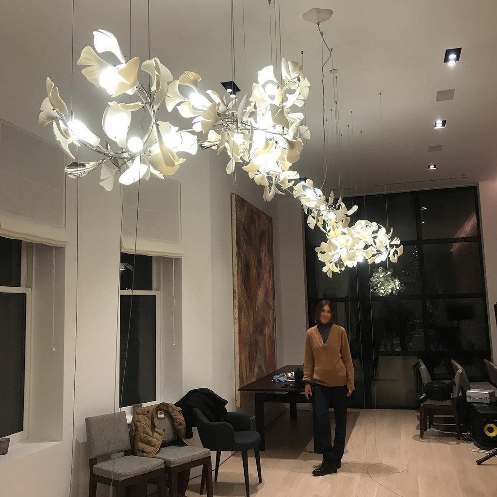 Chandelier Metal Frame Ceramic Gingko Leaf Shade White Gold Modern