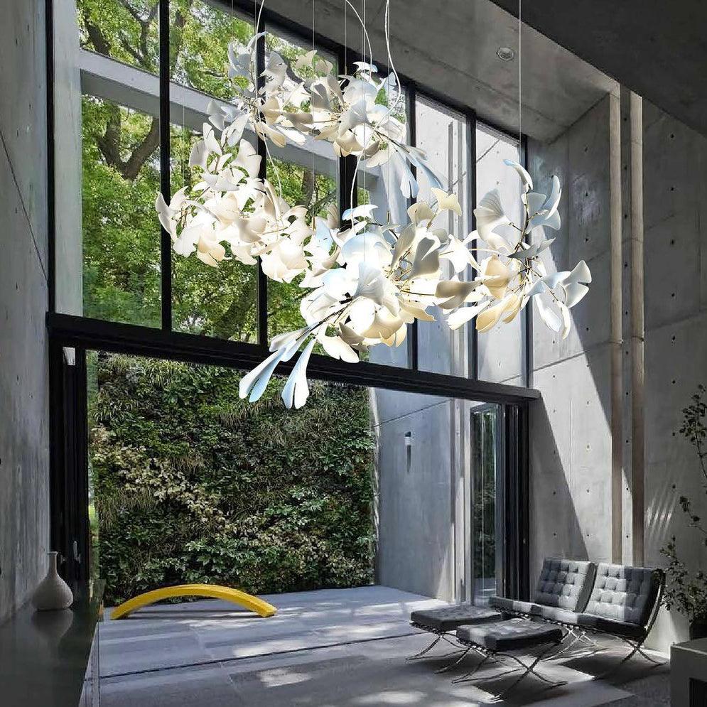 Chandelier Metal Frame Ceramic Gingko Leaf Shade White Gold Modern