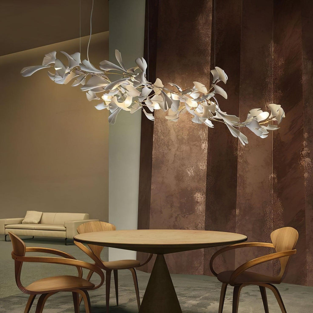 Chandelier Metal Frame Ceramic Gingko Leaf Shade White Gold Modern