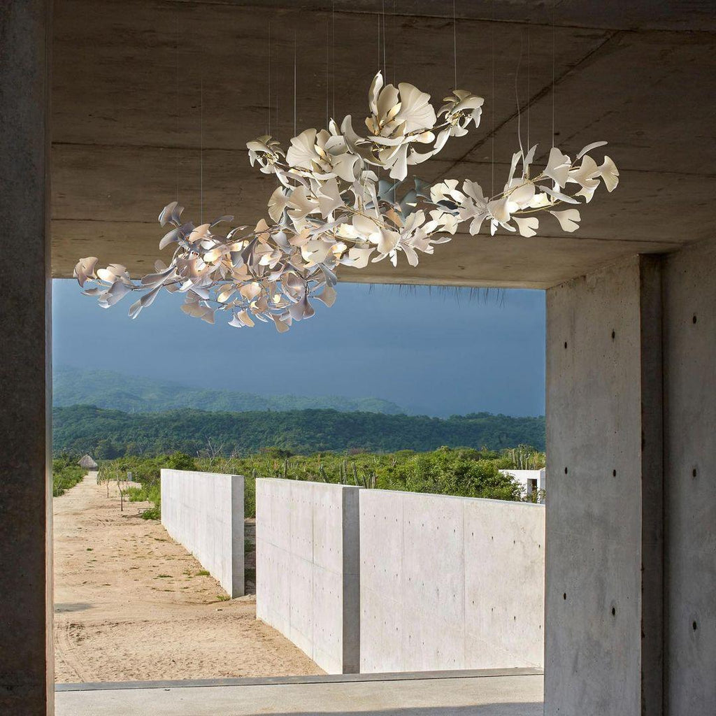 Chandelier Metal Frame Ceramic Gingko Leaf Shade White Gold Modern