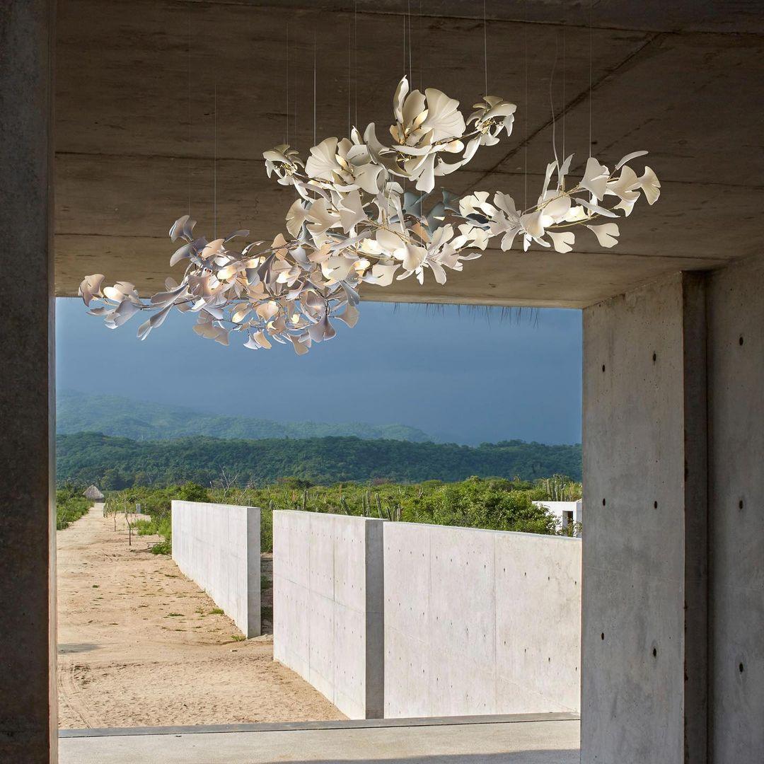 Chandelier Metal Frame Ceramic Gingko Leaf Shade White Gold Modern
