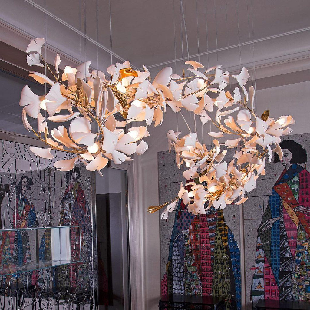 Chandelier Metal Frame Ceramic Gingko Leaf Shade White Gold Modern