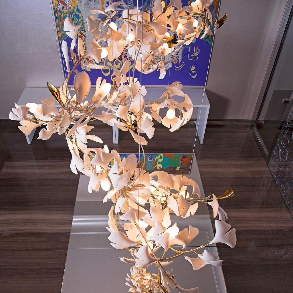 Chandelier Metal Frame Ceramic Gingko Leaf Shade White Gold Modern