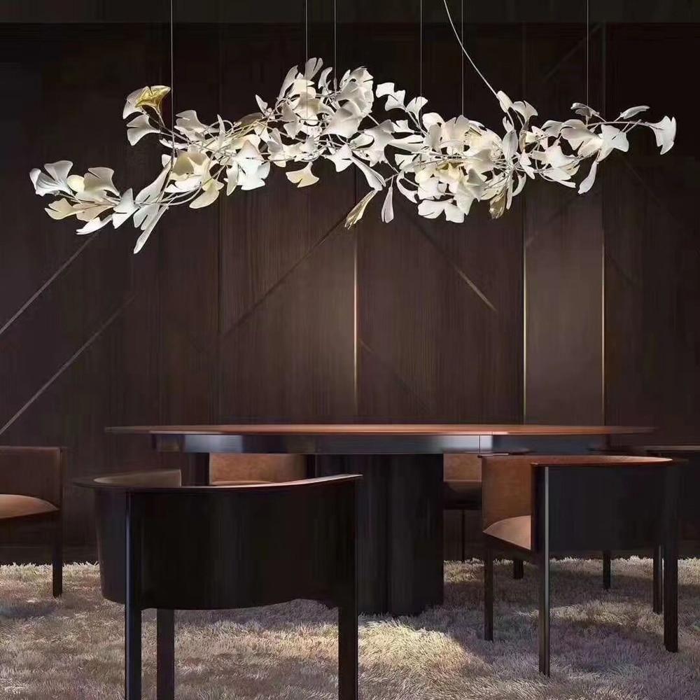 Chandelier Metal Frame Ceramic Gingko Leaf Shade White Gold Modern