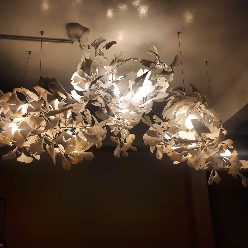 Chandelier Metal Frame Ceramic Gingko Leaf Shade White Gold Modern