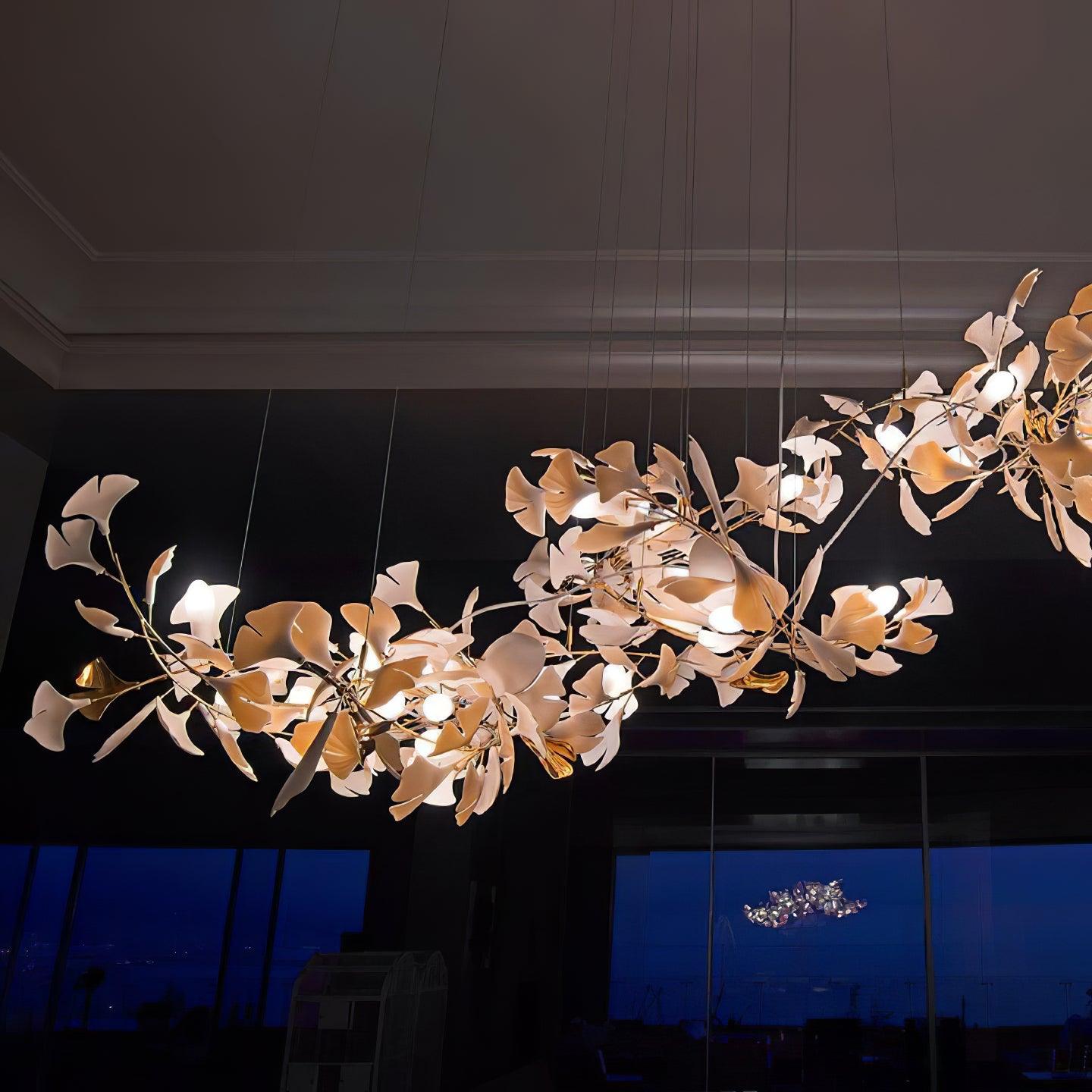 Chandelier Metal Frame Ceramic Gingko Leaf Shade White Gold Modern