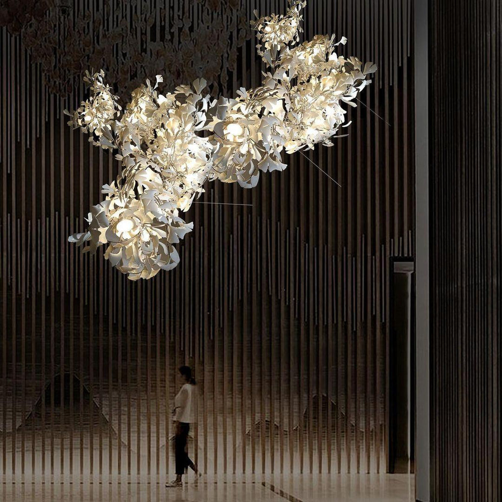 Chandelier Metal Frame Ceramic Gingko Leaf Shade White Gold Modern