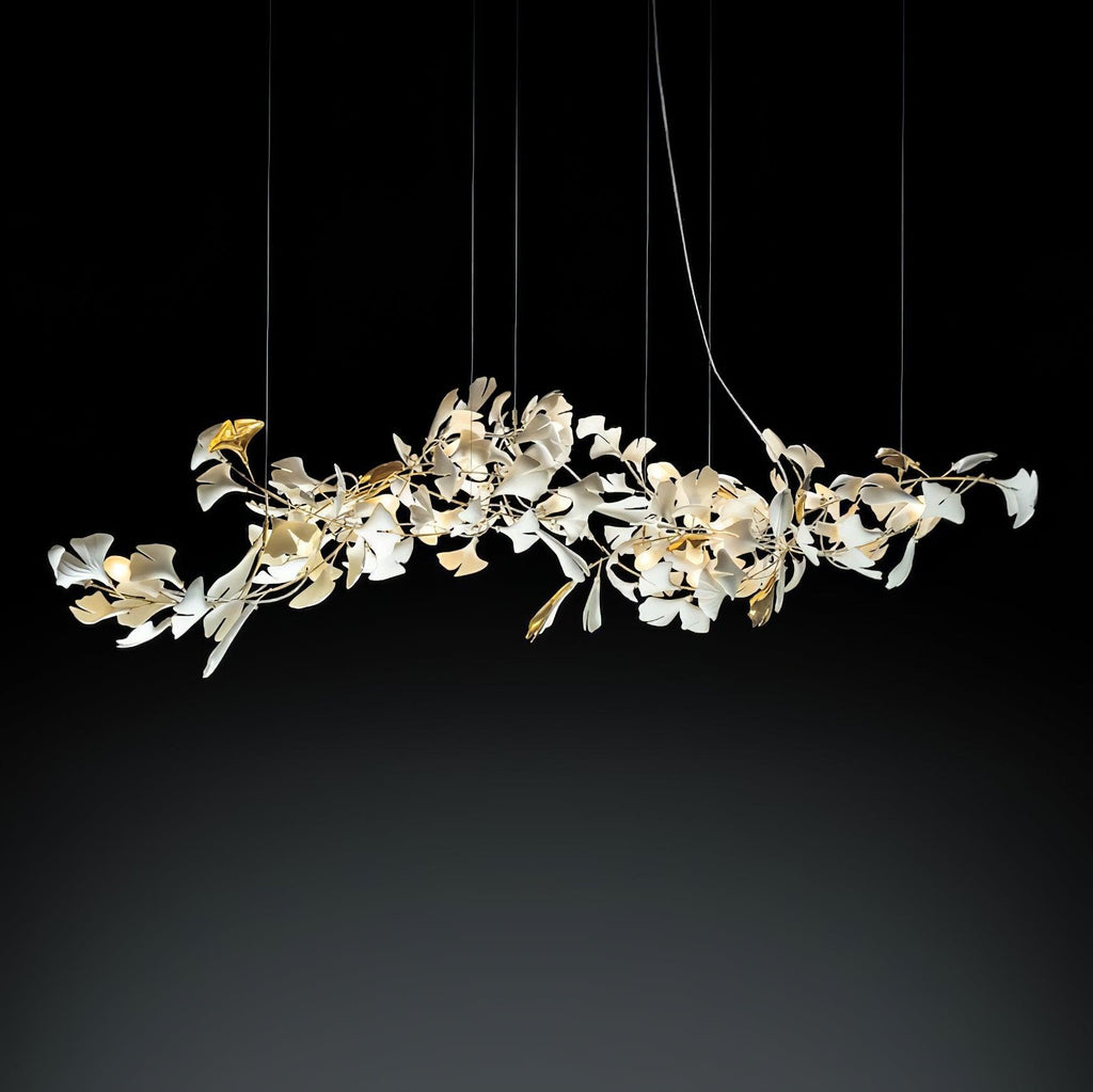 Chandelier Metal Frame Ceramic Gingko Leaf Shade White Gold Modern