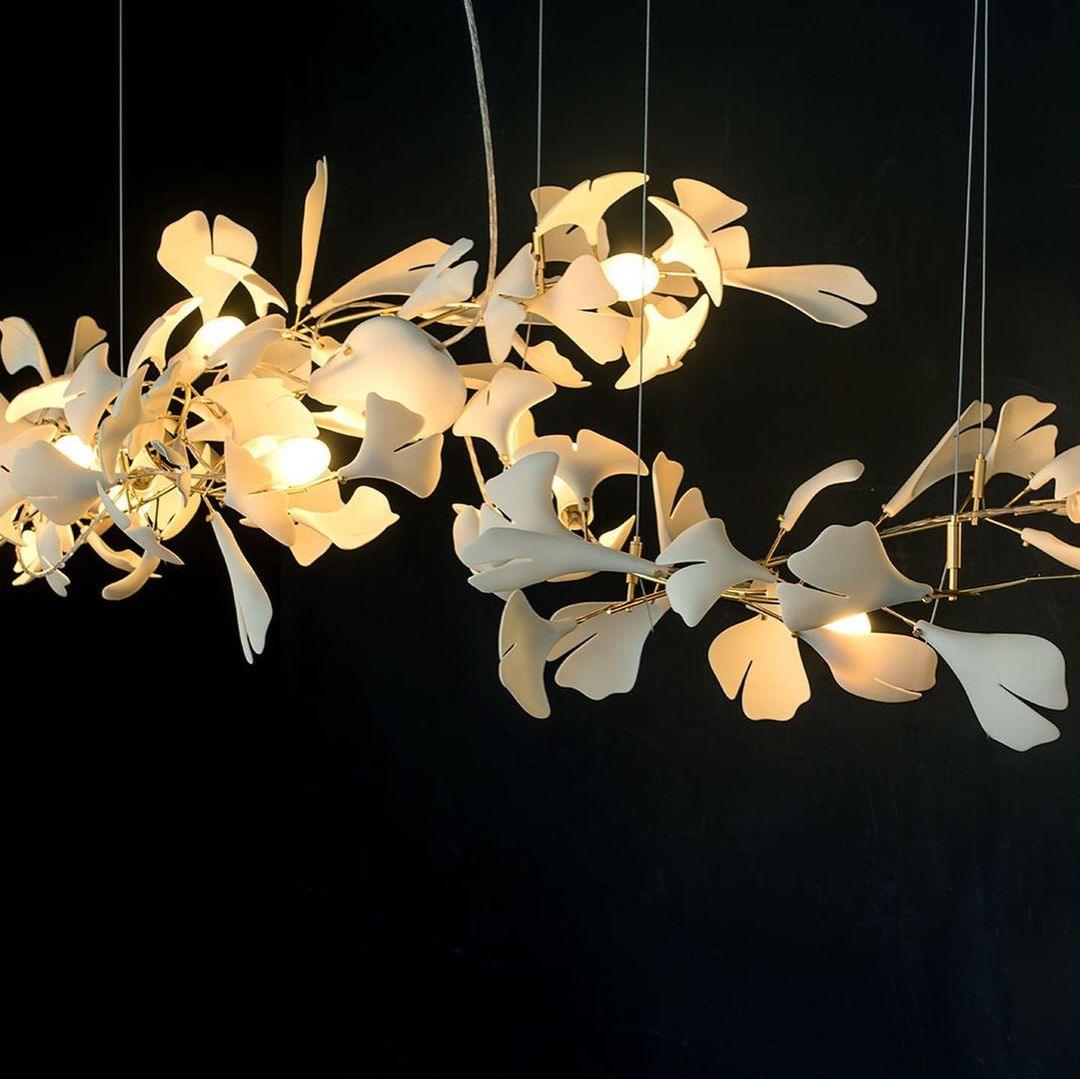 Chandelier Metal Frame Ceramic Gingko Leaf Shade White Gold Modern