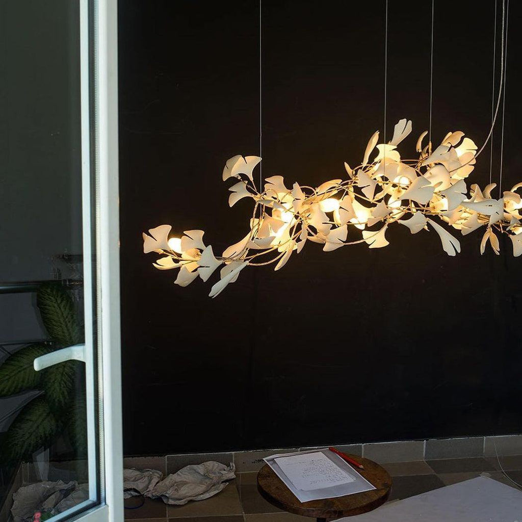 Chandelier Metal Frame Ceramic Gingko Leaf Shade White Gold Modern