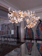 Chandelier Metal Frame Ceramic Gingko Leaf Shade White Gold Modern