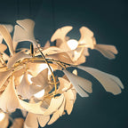 Chandelier Metal Frame Ceramic Gingko Leaf Shade White Gold Modern