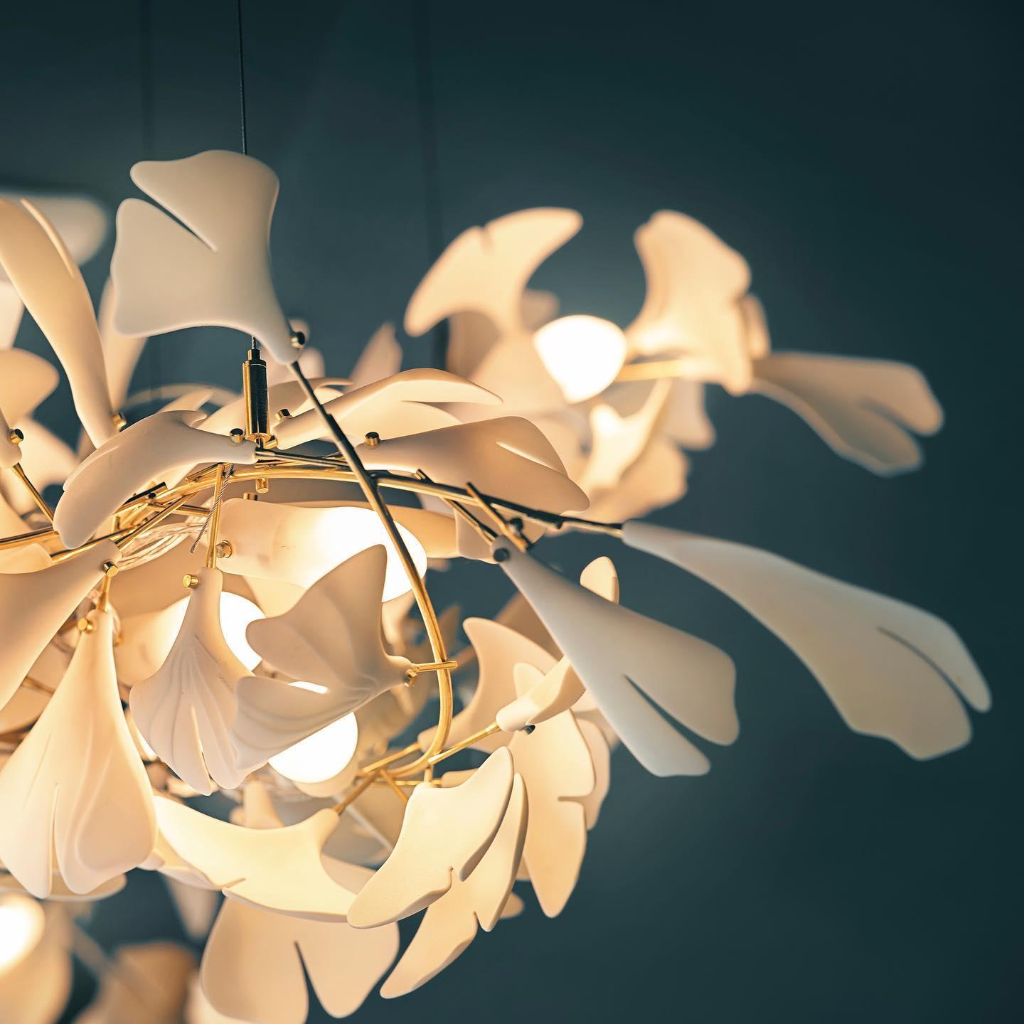 Chandelier Metal Frame Ceramic Gingko Leaf Shade White Gold Modern