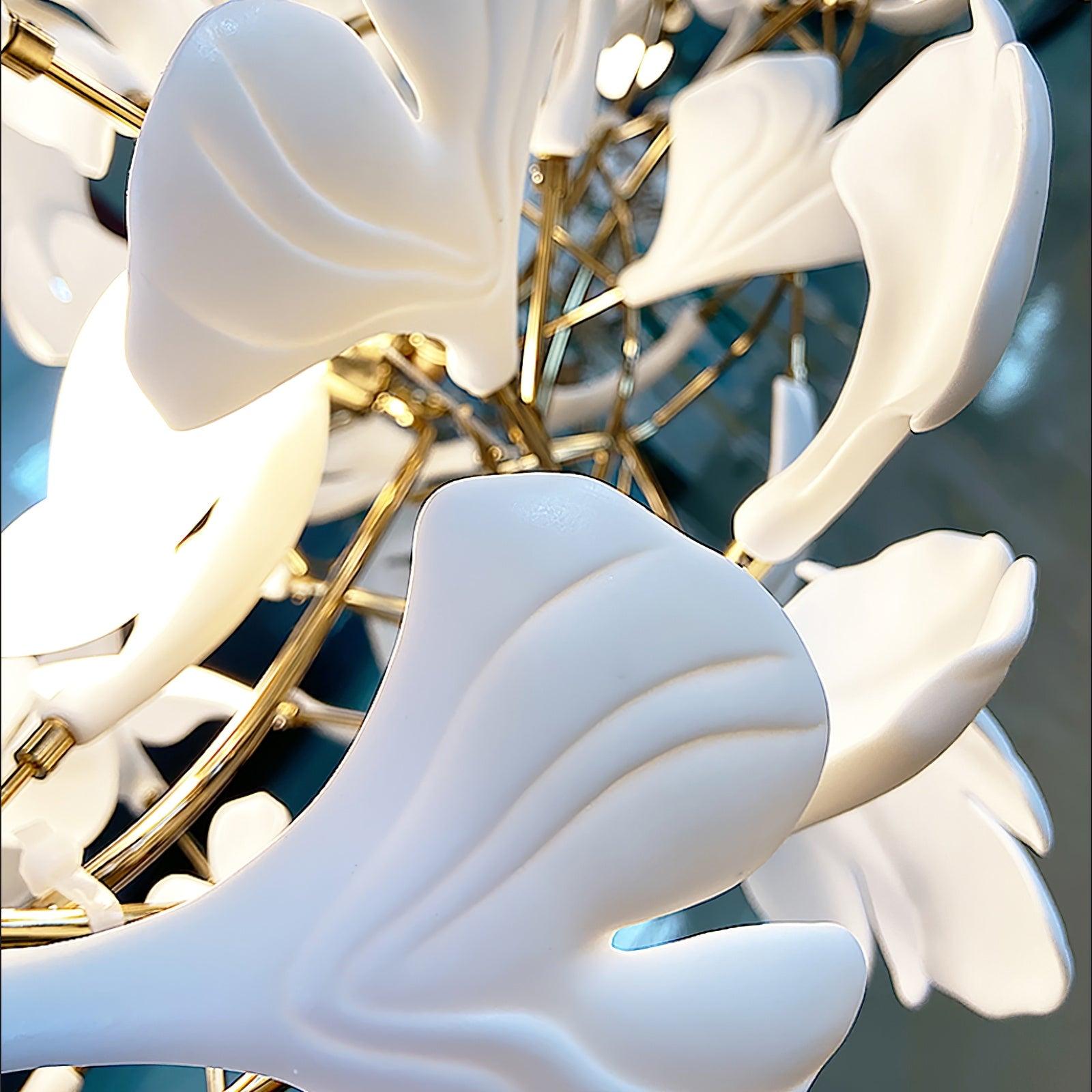 Chandelier Metal Frame Ceramic Gingko Leaf Shade White Gold Modern