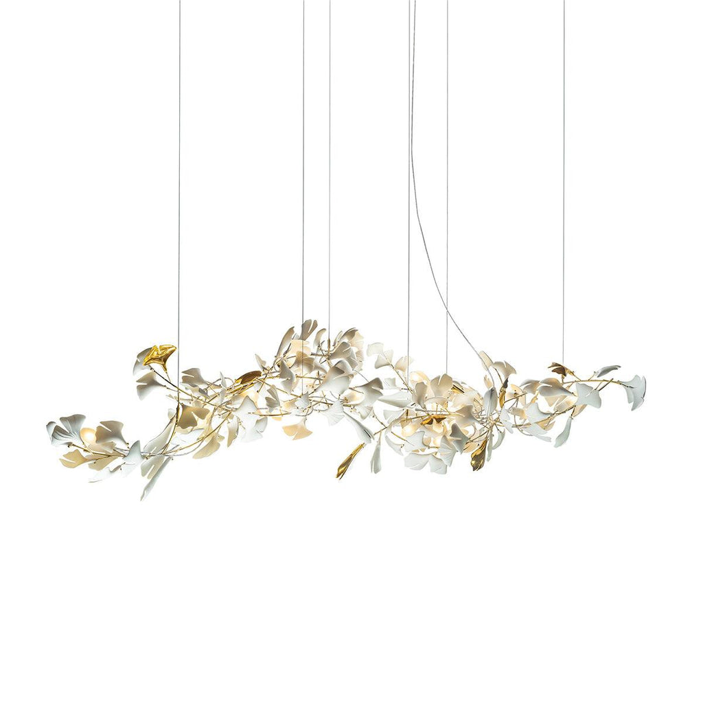 Chandelier Metal Frame Ceramic Gingko Leaf Shade White Gold Modern