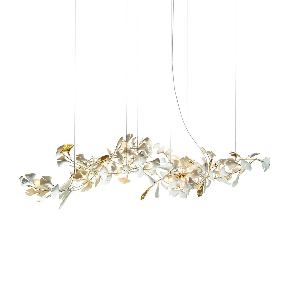 Chandelier Metal Frame Ceramic Gingko Leaf Shade White Gold Modern